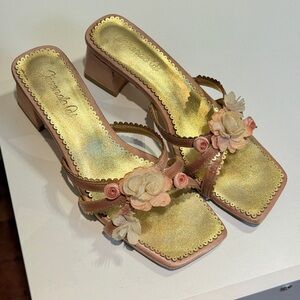 Floral Accent Pink Block Heel Sandals